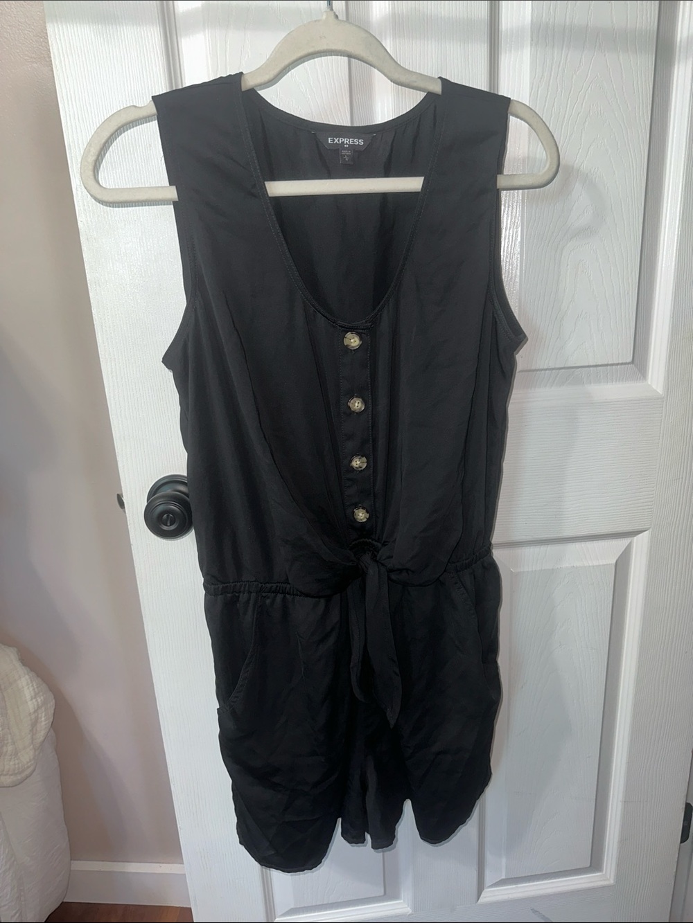 Express Black Sleeveless Tie-Front Romper with Button Detail